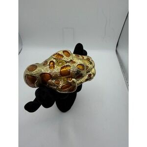 Vintage Leopard Cheetah Head Hinged Cuff Bracelet Gold Tone Amber Enamel Spots